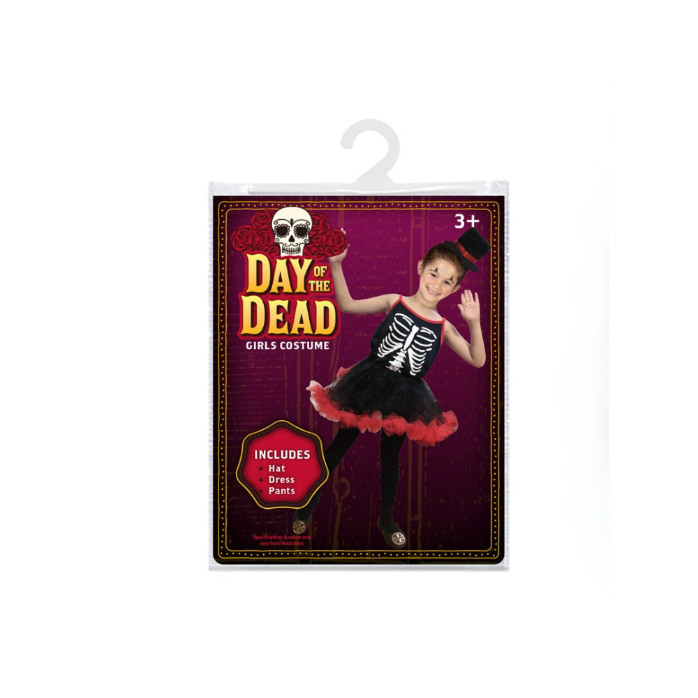 Boo! Girls&#39; Day of The Dead Costume | Includes Hat, Dress &amp; Pants | 120-130cm