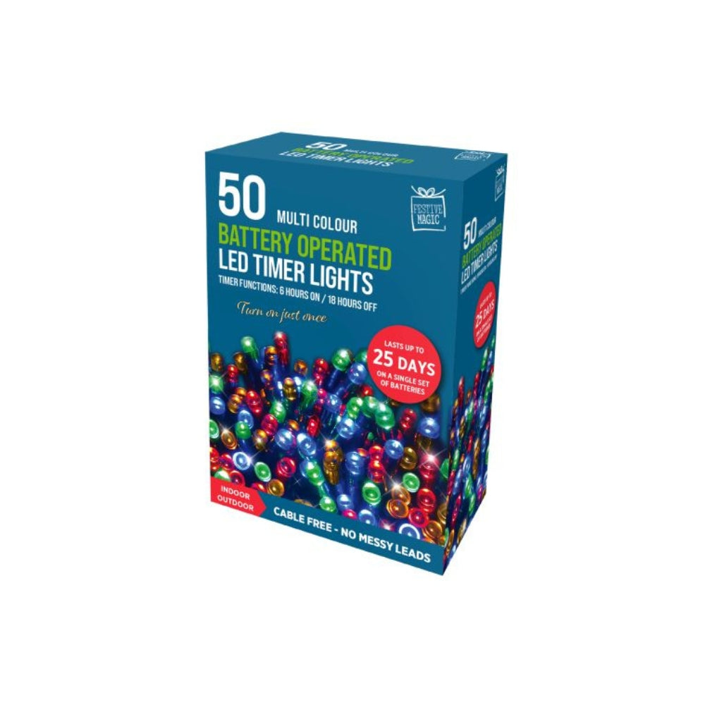 festive magic 50 multicoloured battery powered led timer christmas lights - 8 functions