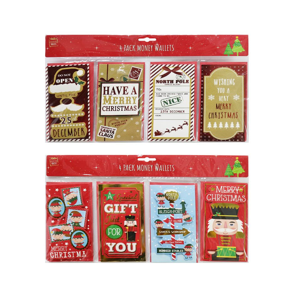 festive magic assorted christmas money wallets - pack of 4