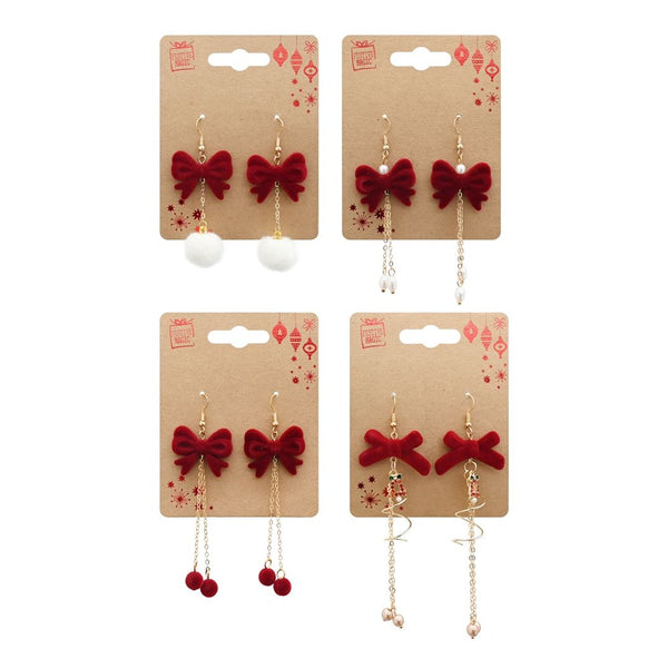 Festive Magic Red Velvet-Effect Bow Drop Earrings - Assorted Christmas Designs