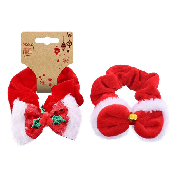 Festive Magic Christmas Bow Hair Scrunchie - Assorted Designs, Red and White
