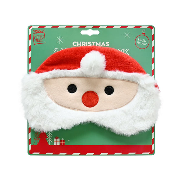 Santa Eye Mask Plush | Embroidered Face, Red Sateen Backing, Elastic Strap