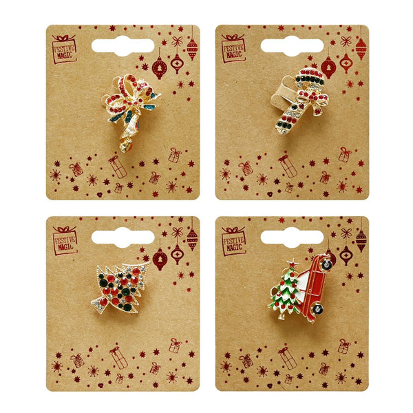 Christmas Jewel Brooches Assorted Designs | Gold Metal with Diamantes