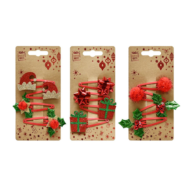 Hair Clips Red Green Deco | Pack of 4, Assorted Designs