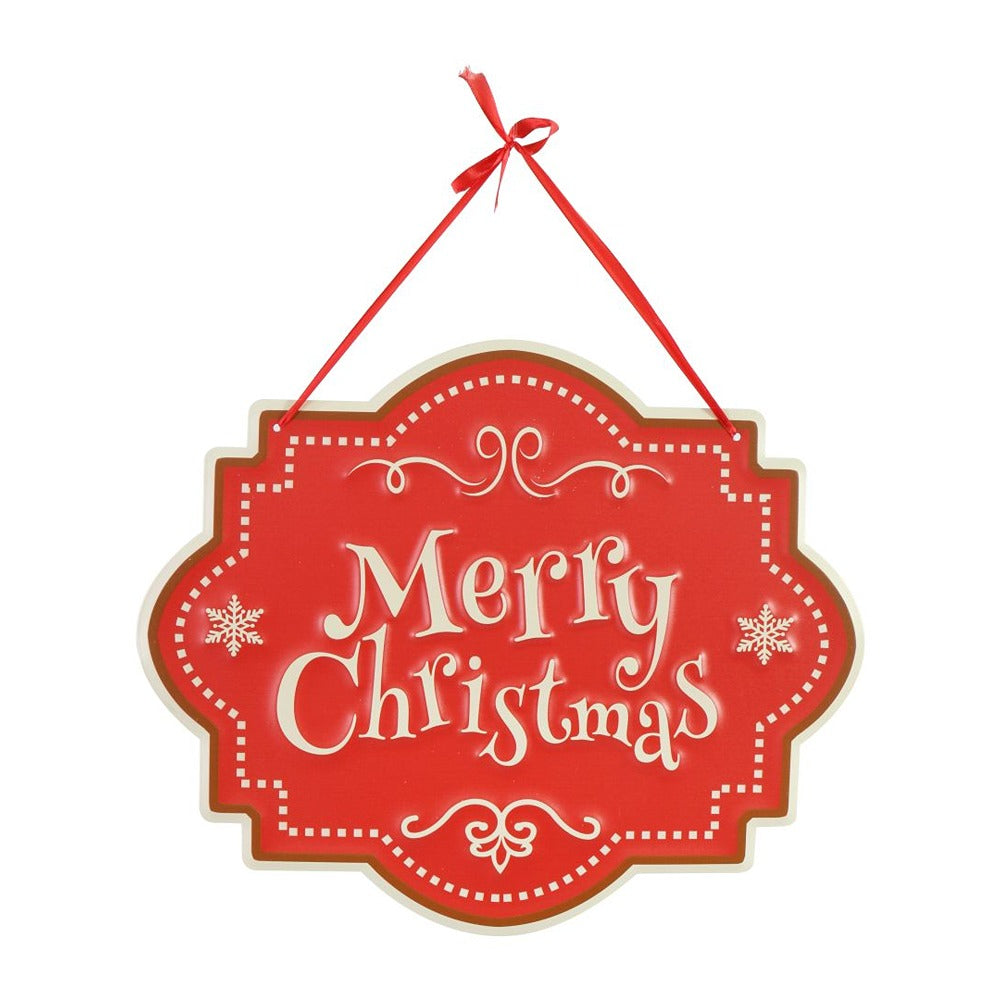 Festive Magic Merry Christmas Metal Hanging Plaque - Red and Cream, 40 x 33cm