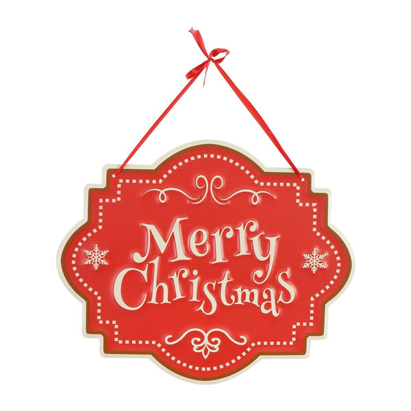 Festive Magic Merry Christmas Metal Hanging Plaque - Red and Cream, 40 x 33cm