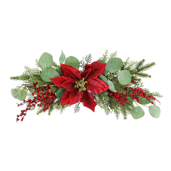 Festive Magic Hanging Poinsettia Foliage Swag - Red Berries, Mixed Evergreen