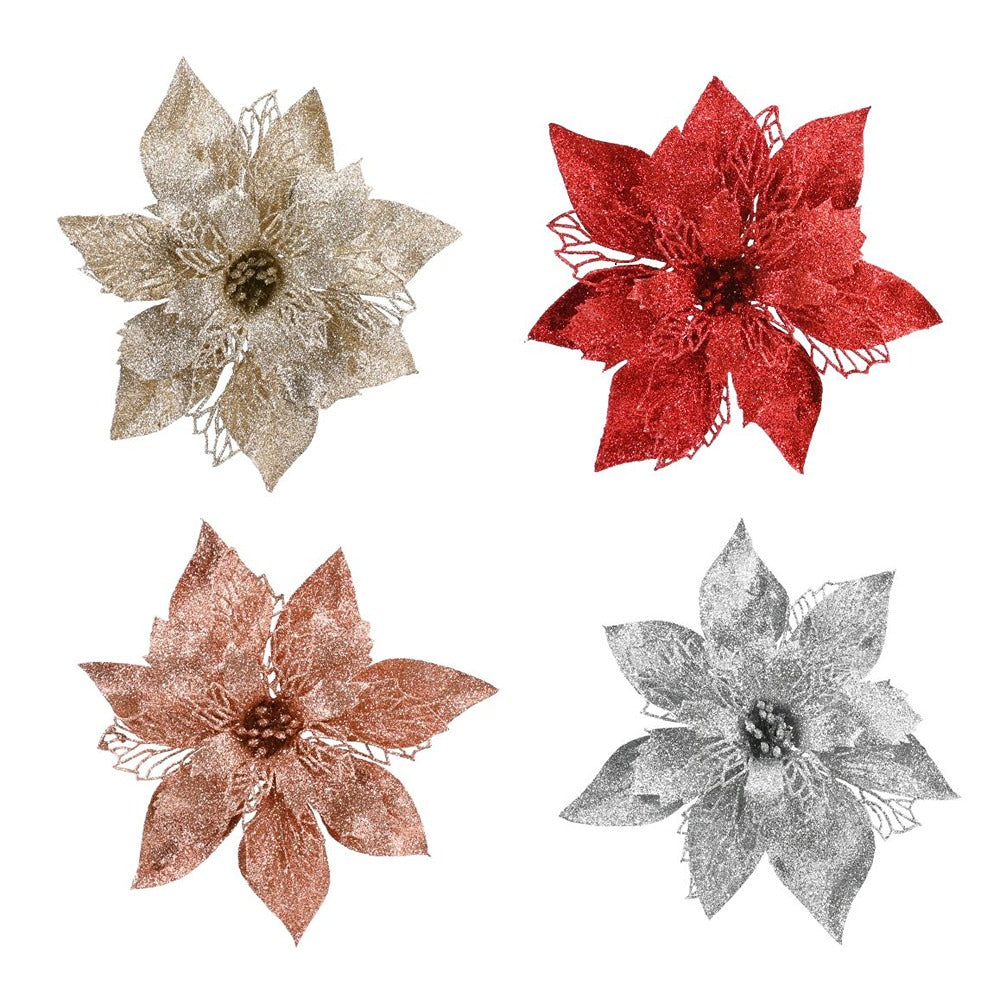Festive Magic Glitter Poinsettia Clip Decorations - 4 Assorted Colours