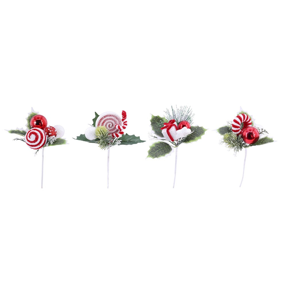 Festive Magic Candy Cane Leaf Christmas Floral Pick - 18cm, Assorted Designs