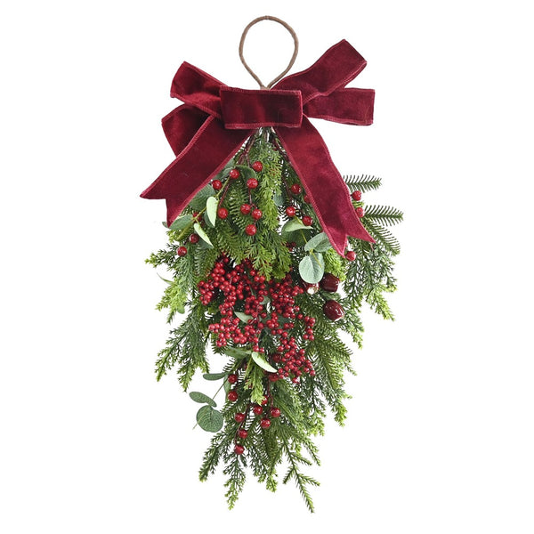 Festive Magic Mixed Foliage and Berry Christmas Swag - Burgundy Velvet Bow