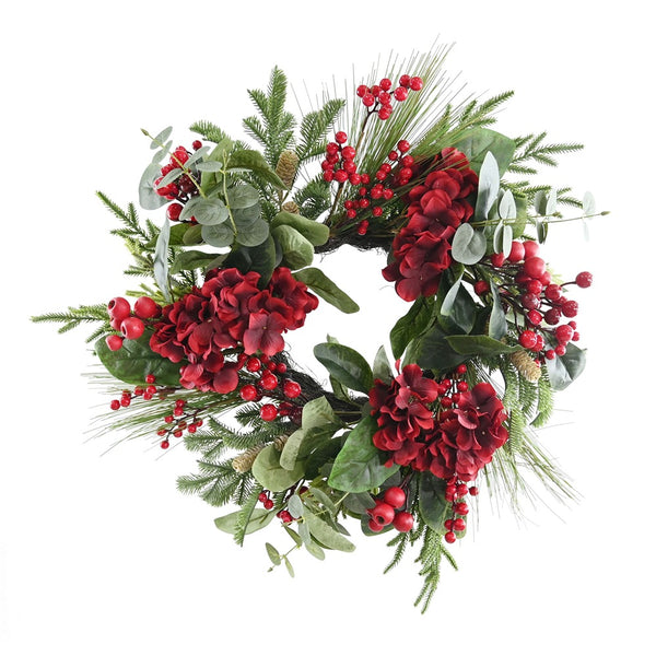 Festive Magic Red Hydrangea Christmas Wreath - 50cm, Berries and Pinecones