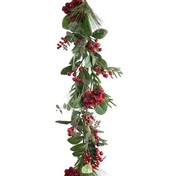 Festive Magic Red Hydrangea Christmas Garland - 150cm, Berries and Pine Cones