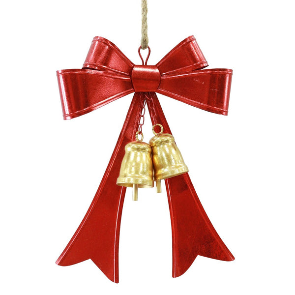 Festive Magic Metal Christmas Bow Hanging Ornament - Red and Gold, with Bells