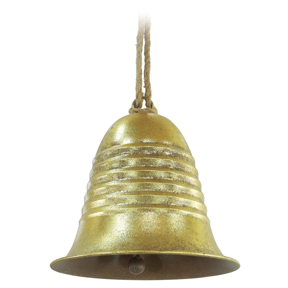 Festive Magic Antique Gold Ribbed Hanging Christmas Bell - 21cm, Twine Loop