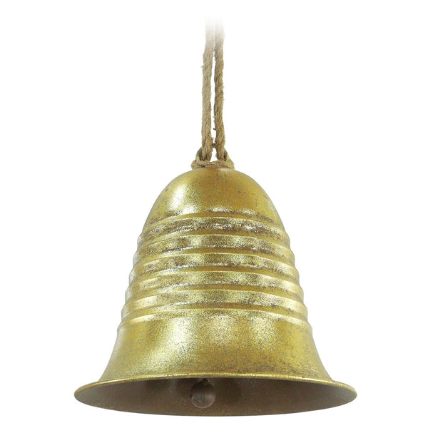 Festive Magic Antique Gold Ribbed Hanging Christmas Bell - 21cm, Twine Loop