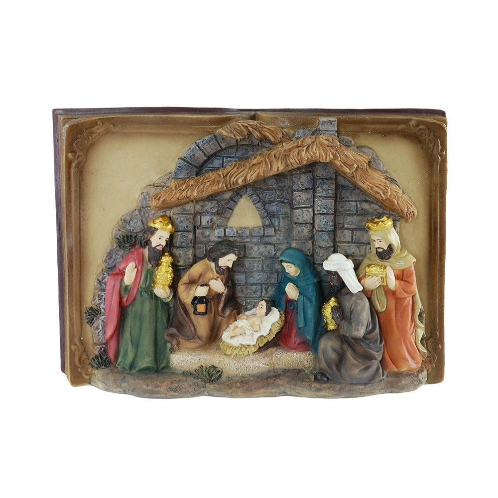 Festive Magic Resin Bible Nativity Scene Ornament - Gold Accents