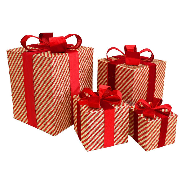Festive Magic Red and Gold Tinsel Present Decorations - 4 Pieces, Assorted Sizes