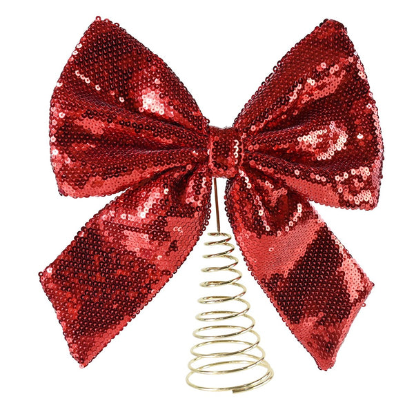 Festive Magic Sequin Bow Christmas Tree Topper - Red, Gold Spiral Base