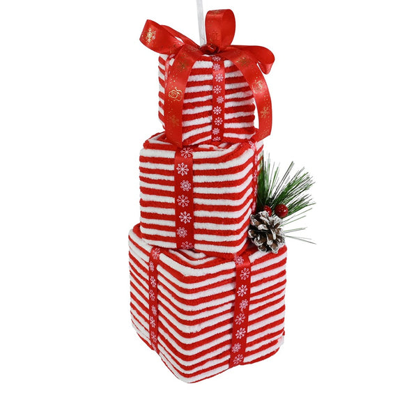 Festive Magic Candy Cane Stacked Presents Hanging Ornament - Red and White