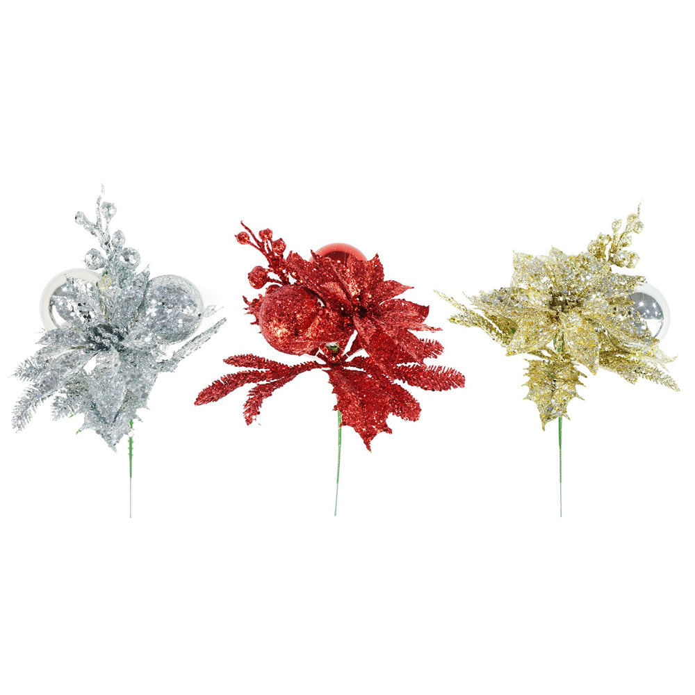 festive magic assorted colour glitter poinsettia and bauble pick - 20cm