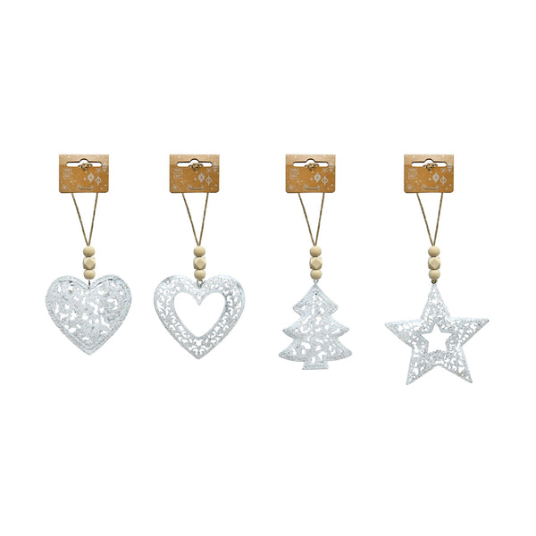 White Glitter Metal Christmas Decorations | Assorted Designs, Jute String