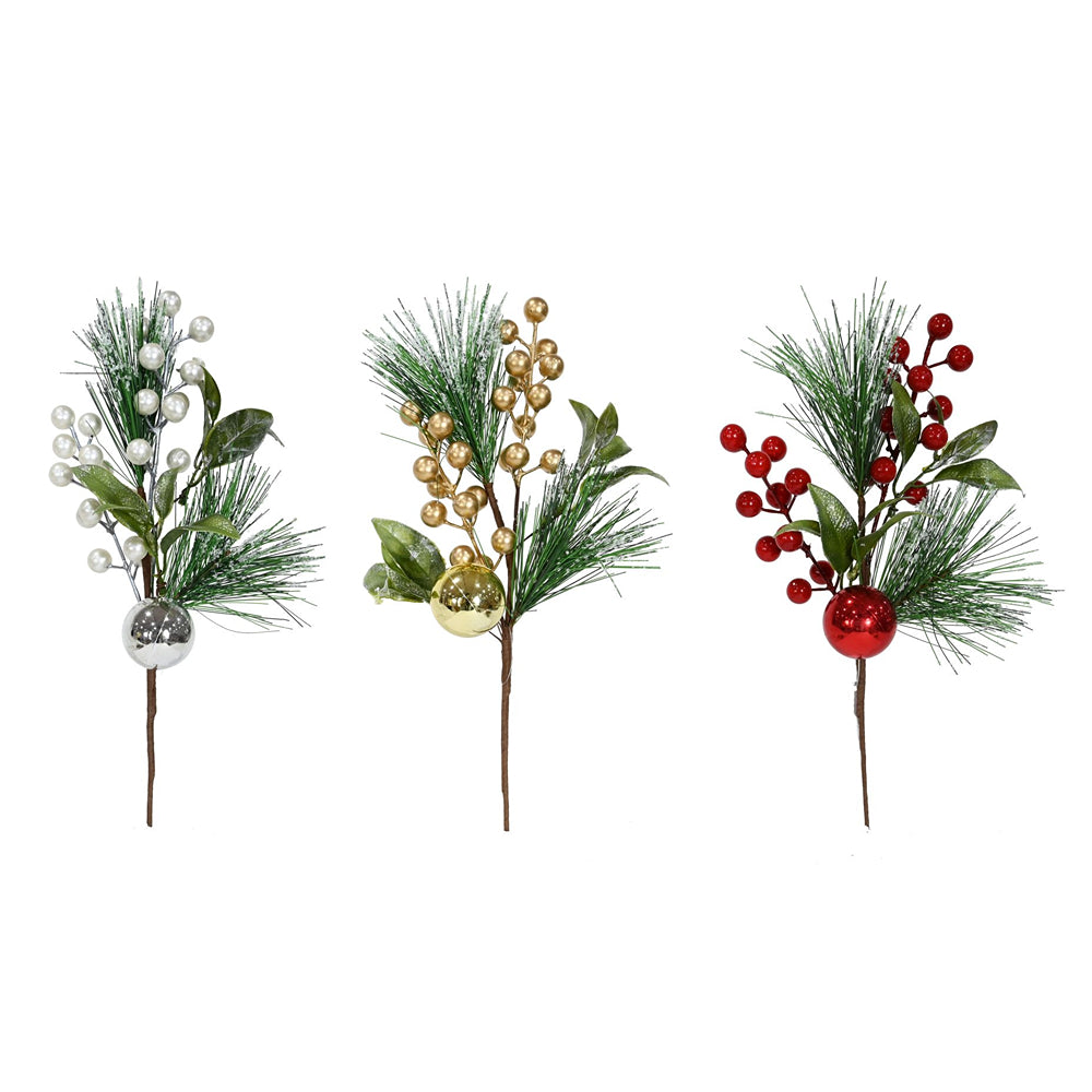 Snowy Pine Berry Bauble Pick | 35cm, Assorted Colours