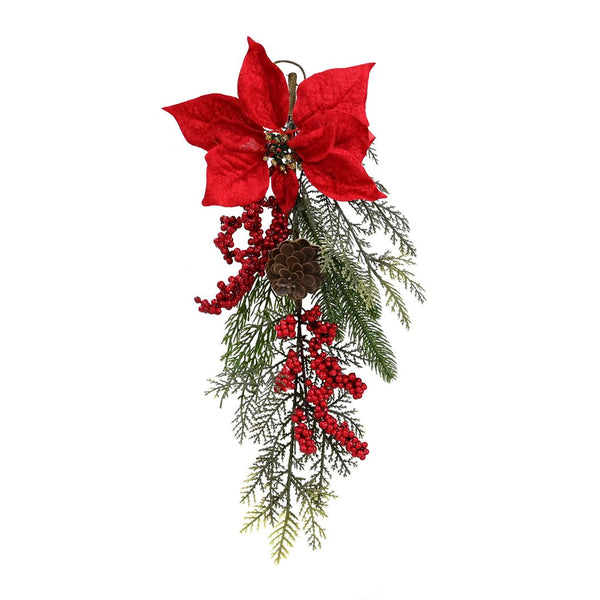Poinsettia Pine Christmas Hanger | Red Berries, Pinecone, Gold Glitter