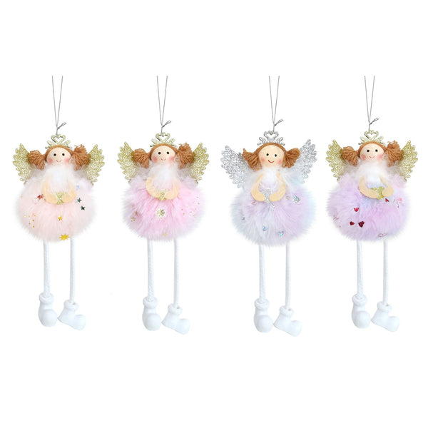 Hanging Pom Pom Angel Decorations | Assorted Designs, Glitter Wings, Feather Collar