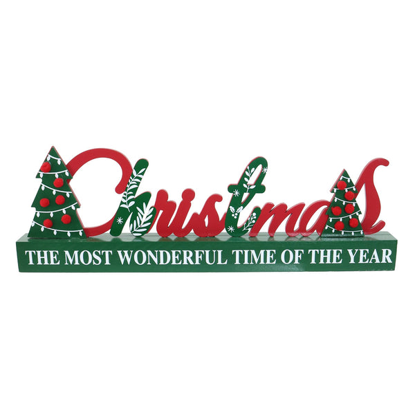 Christmas Holly Green Table Sign | 2 Trees with Red Pom Poms, Green Block Base