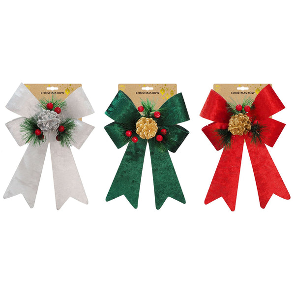 Crushed Velvet Bow Christmas Decorations | Assorted Colours, Pine Needles, Berries