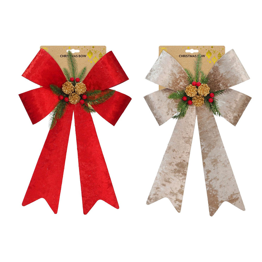 Crushed Velvet Bow Christmas Decoration | 36 x 54cm, Gold Glitter, Red Berries