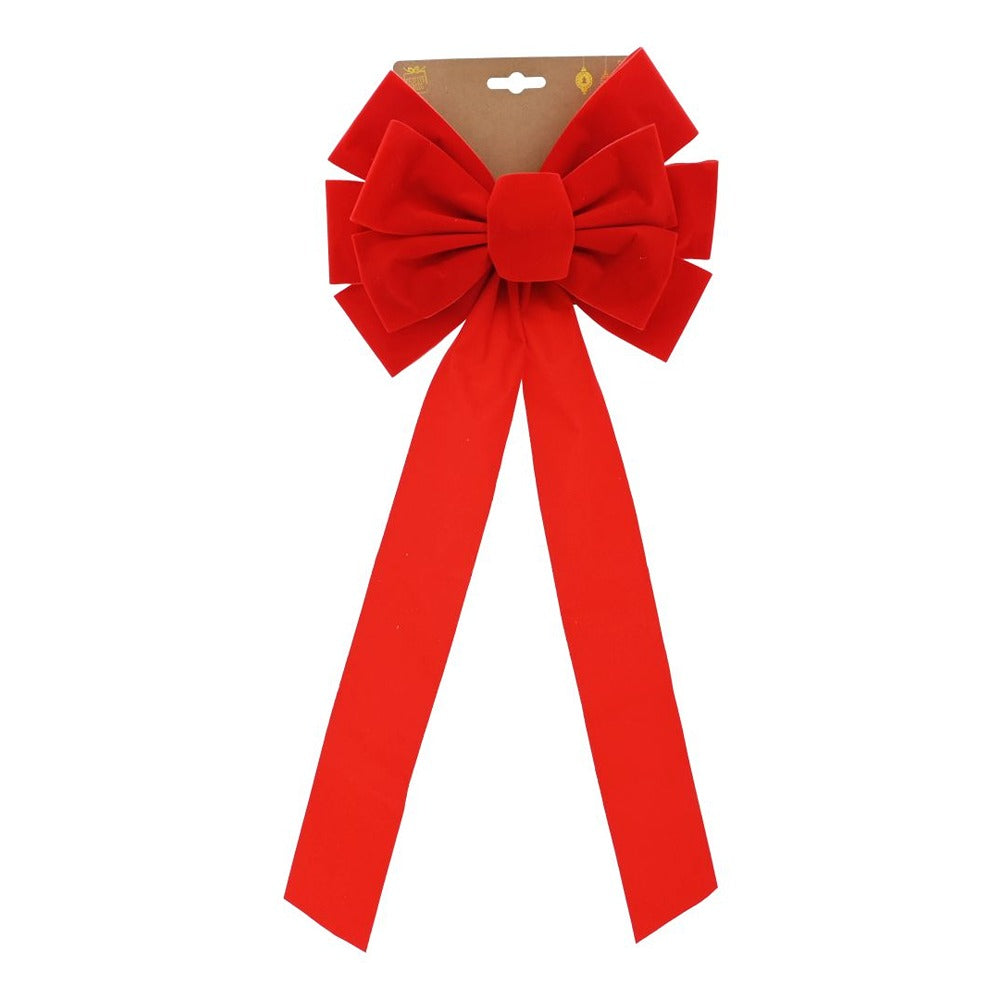 Festive Magic Red Flocked Christmas Bow Decoration - Velvet Effect Finish