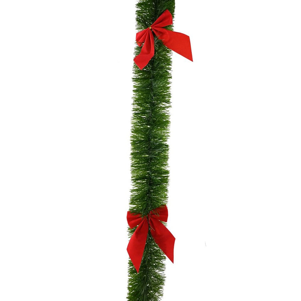 Festive Magic Dense Green Tinsel Christmas Garland - Red Bows, 2m
