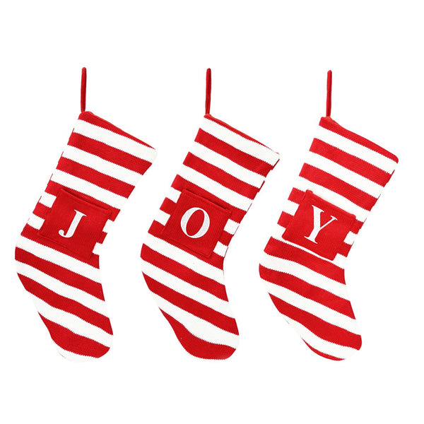 Knitted Candy Stripe Christmas Stocking with Initial Patch | Red White