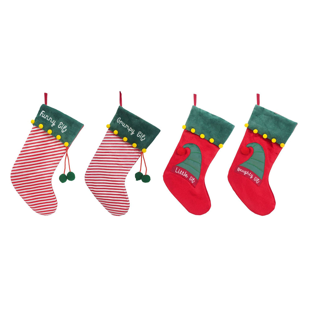 Christmas Elf Stockings | Assorted Designs, Velveteen, Red and Green