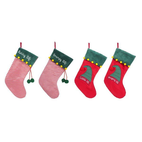 Christmas Elf Stockings | Assorted Designs, Velveteen, Red and Green