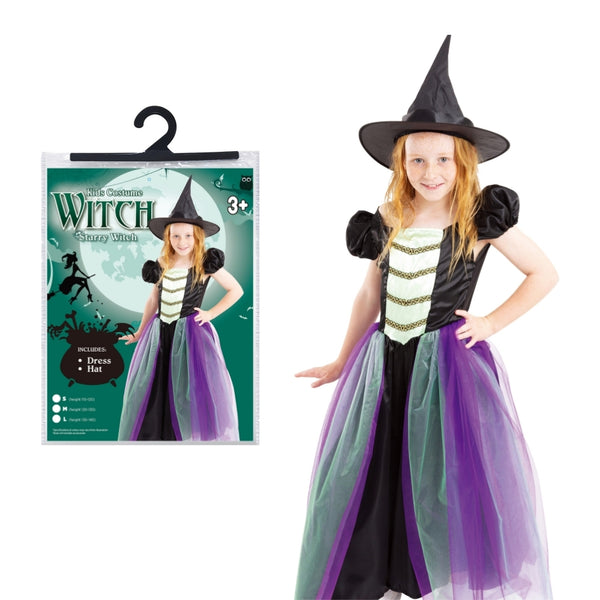 Kids Starry Witch Halloween Costume | Black with Gold Stars