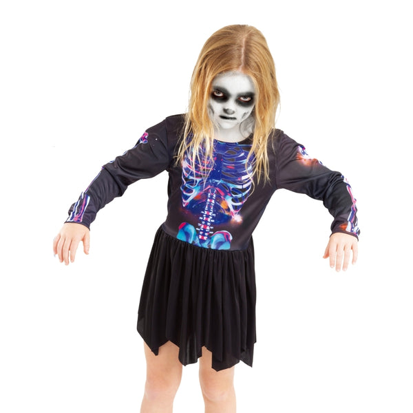 Kids Skeleton Halloween Costume Dress | Black with White Bone Print