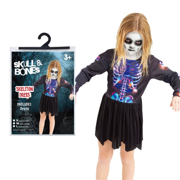Kids Skeleton Halloween Costume Dress | Black with White Bone Print
