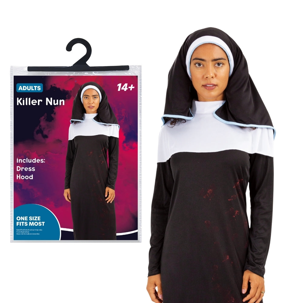 Adult Killer Nun Halloween Costume | Black and White Habit with Veil