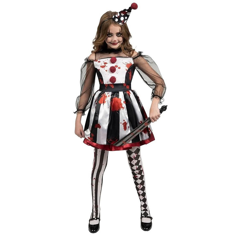 Bloody Circus Clown Kids' Costume - Dress, Mini Hat and Mismatched Tights