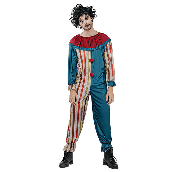 Creepy Carnival Adult Clown Costume - Teal and Red, One-Piece Jumpsuit