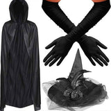 Black Witch Costume Accessories Set - Hooded Cape, Ruched Gloves, Veiled Hat