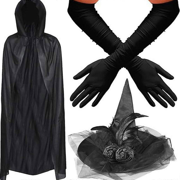 Black Witch Costume Accessories Set - Hooded Cape, Ruched Gloves, Veiled Hat