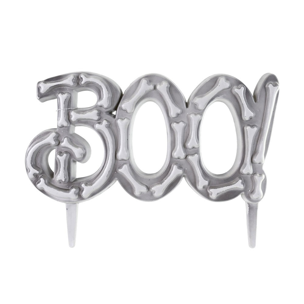 Boo Metallic Silver Halloween Yard Stake Sign - 32cm, Raised Bone Detail