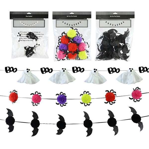 Halloween Pom Pom Hanging Garland - 1.8m, Assorted Designs and Colours