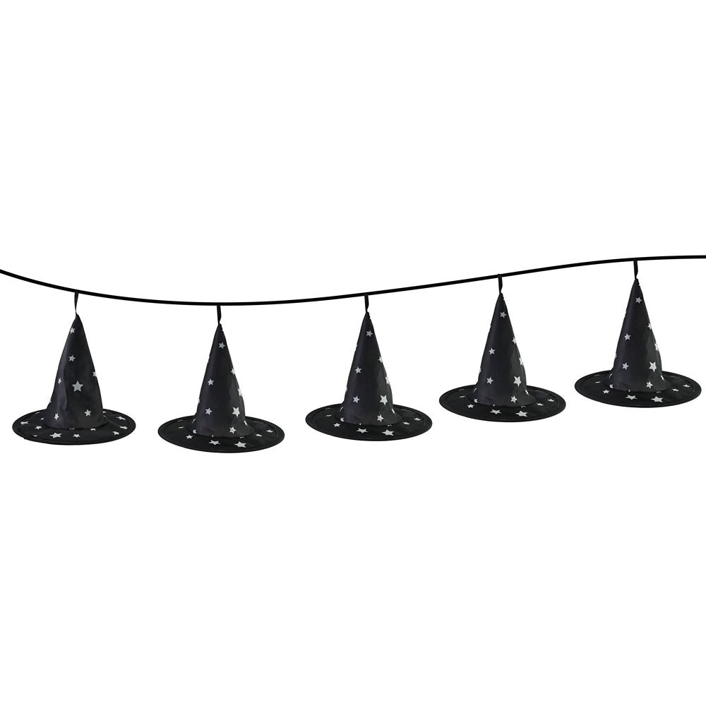 Black Witch Hat Halloween Garland - 1.2m, Silver Star Pattern