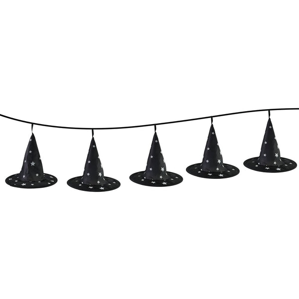 Black Witch Hat Halloween Garland - 1.2m, Silver Star Pattern