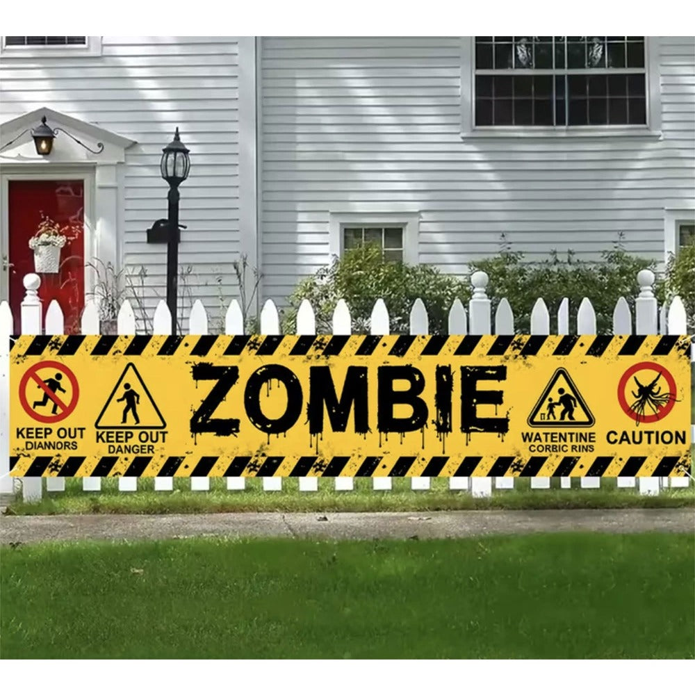 Zombie Warning Halloween Yard Banner - 3m, Yellow and Black Hazard Design