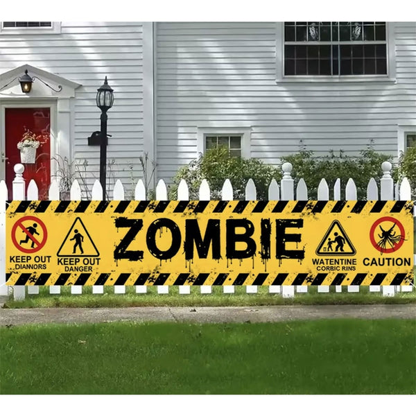 Zombie Warning Halloween Yard Banner - 3m, Yellow and Black Hazard Design